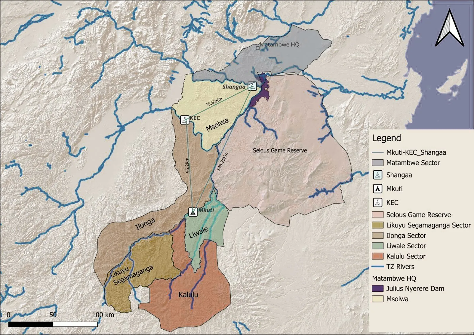 Map showing camp areas within the wider Nyerere landscape