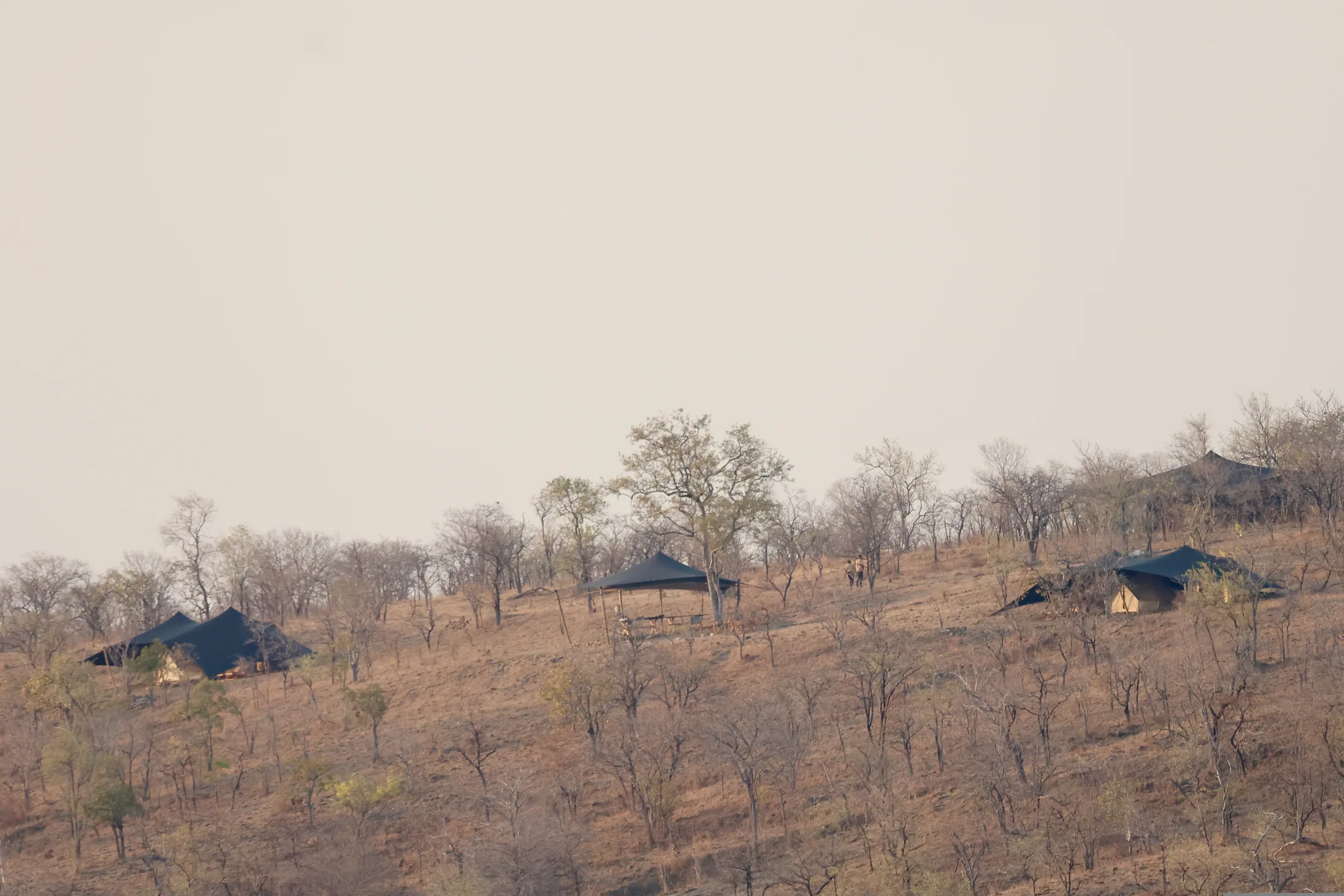Shangaa's tents spaced across the open hillside above the lake