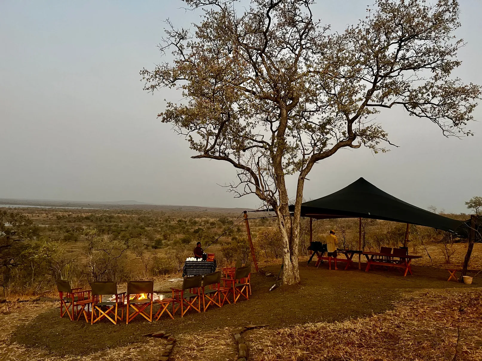 Shangaa camp overlooking open savannah